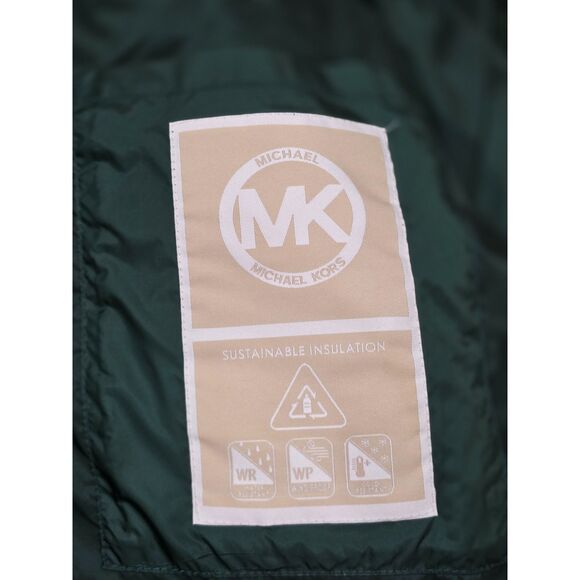 Michael Kors Green Longline Belted Puffer Coat Removable Faux Fur Collar Size M - Picture 15 of 16